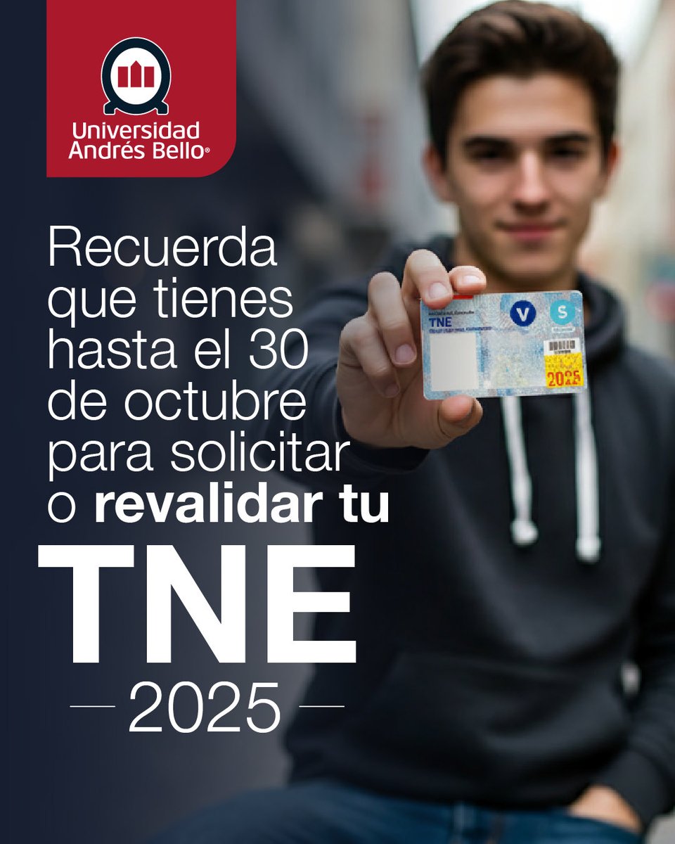 ¡Atención estudiantes UNAB! 👀

La JUNAEB confirmó que el proceso de obtención y revalidación TNE 2025 y la captura fotográfica para tu tarjeta estarán disponibles sólo hasta el 30 de octubre de 2025.

Si aun no realizas tus procesos 2025 ingresa al formulario TNE UNAB y revisa