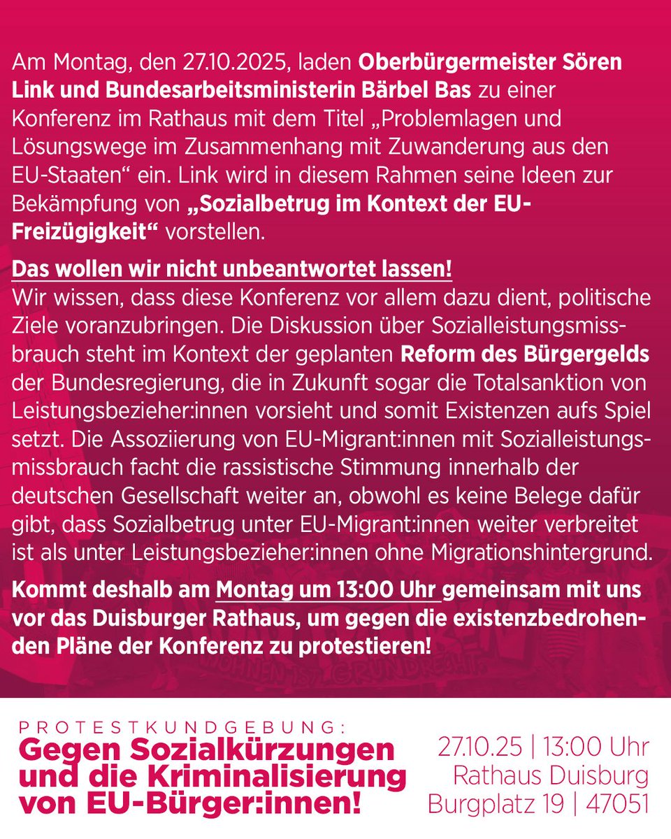 Am Montag protestieren wir gemeinsam gegen die geplanten Sozialkürzungen und die Kriminalisierung von EU-Migrant:innen - kommt um 13:00 Uhr zum Rathaus!