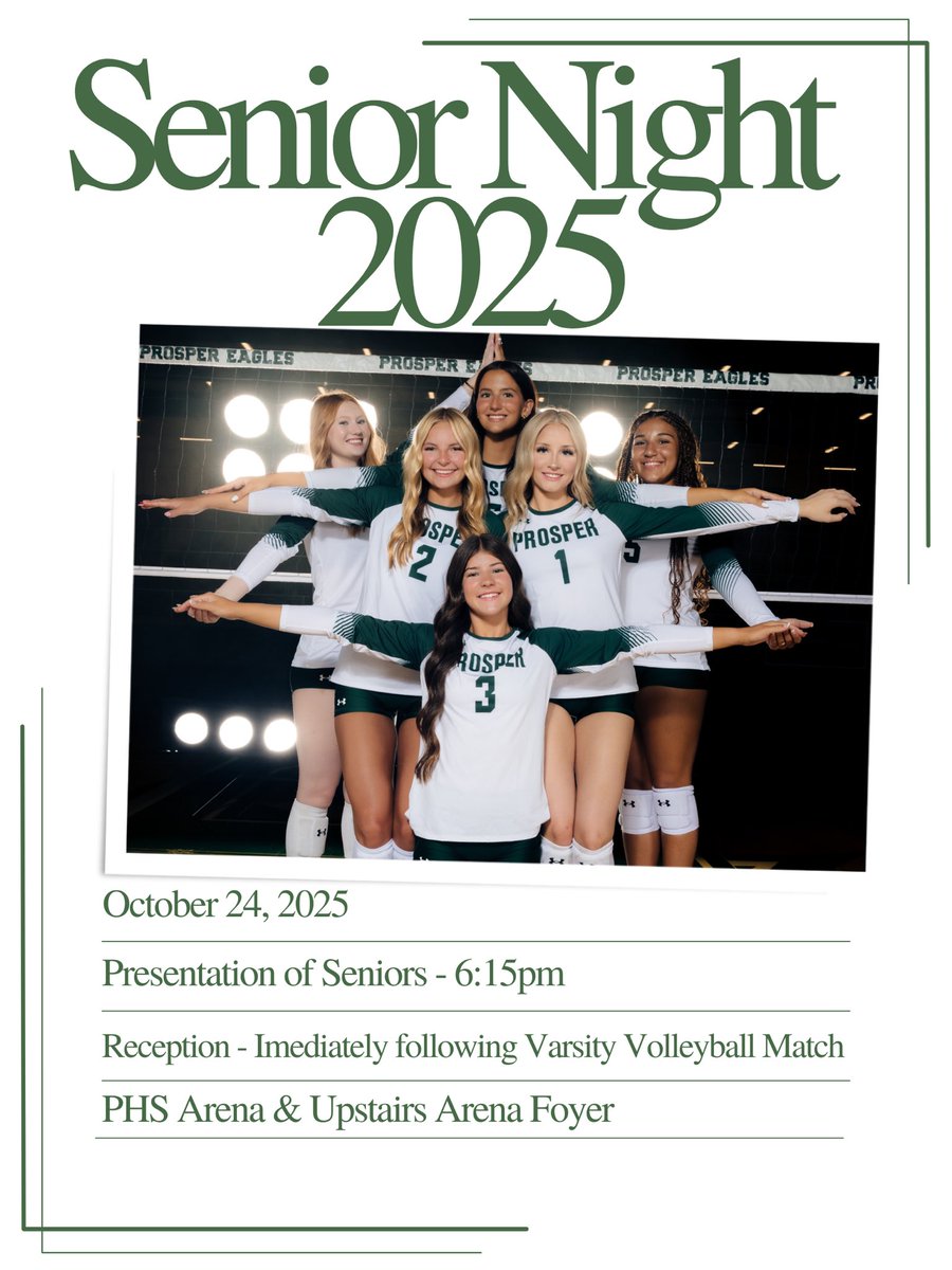 prospervb's tweet image. It’s Senior Night in the Arena! 💚🦅🏐
🚨Reception - Immediately following Varsity VB Match
⏰ 6:30 PM
📍PHS Arena
Come support your Eagles and honor our 6 seniors as they take on Princeton in the final home match of the season!
💚 #GoEagles #PVB #SeniorNight #FaithintheFight