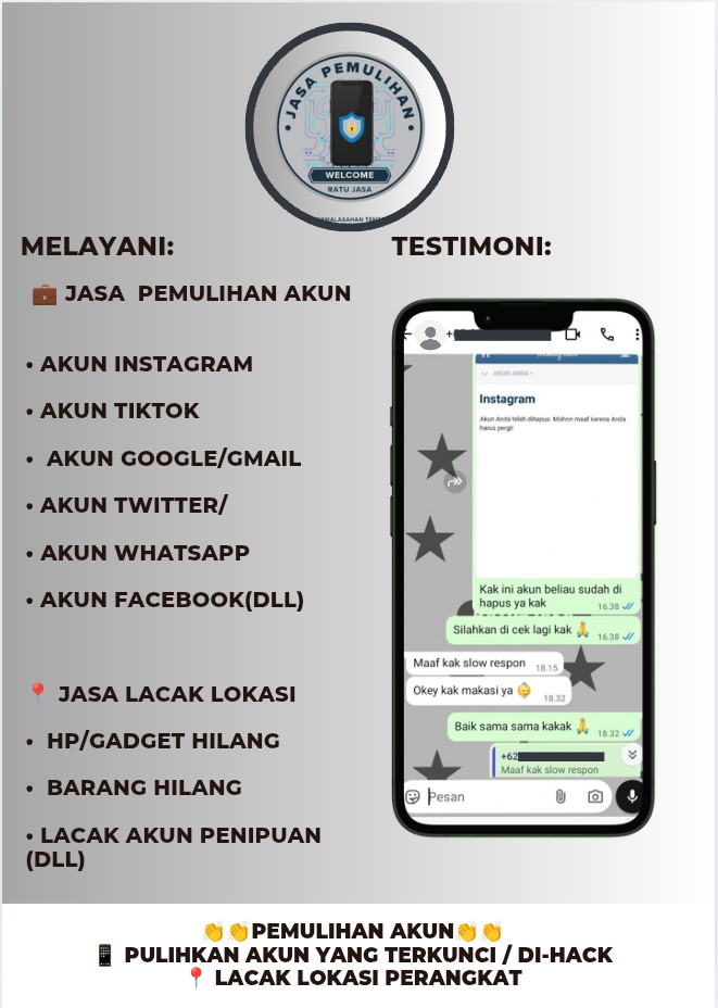 redstacr's tweet image. 📱 JASA PEMULIHAN AKUN
• Akun Instagram
• Akun TikTok
• Akun Google/Gmail
• Akun Twitter/
• Akun WhatsApp
• Akun Facebook(DLL)
📍 JASA LACAK LOKASI
• HP/Gadget Hilang
• Barang Hilang
• Lacak Akun Penipuan
(DLL)
WA.me/+6288270915734