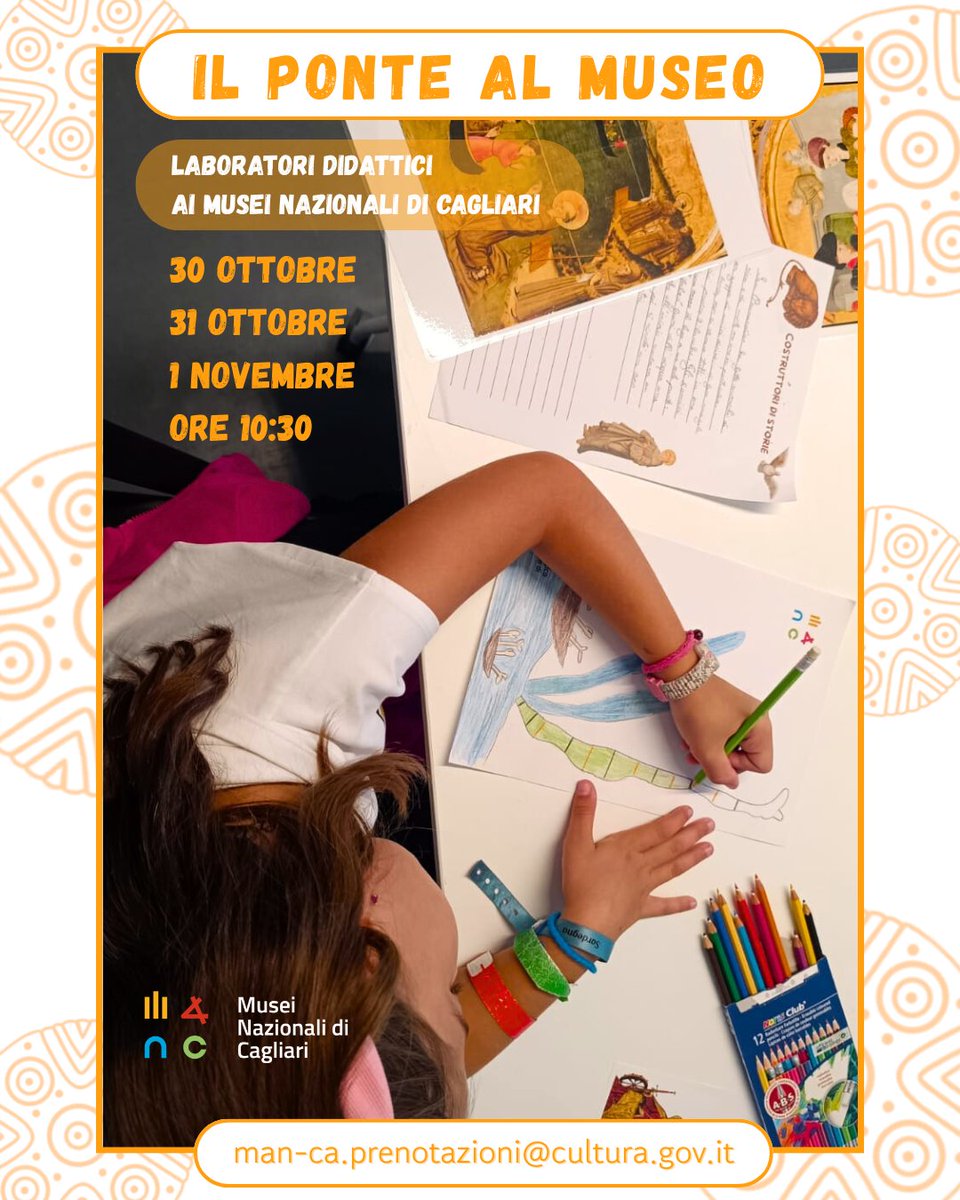 Avete programmi per fine ottobre?
I #MuseiNazionaliCagliari organizzano 3giorni di lab didattici
-30.10 “Il Museo dei bambini” 5-7anni
-31.10 “Costruttori di storie – versione Halloween” 10-13anni
-1.11 “Costruttori di storie nuragiche” 8-10anni
man-ca.prenotazioni@cultura.gov.it