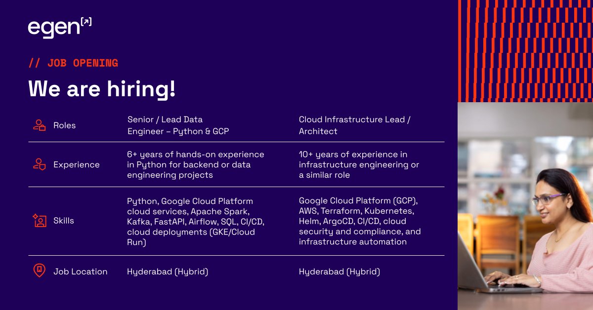 egenaiofficial's tweet image. Egen is #hiring!
1️⃣ Senior / Lead Data Engineer – Python & GCP - Apply here: jobs.lever.co/egen/13b11a21-…  
2️⃣ Cloud Infrastructure Lead / Architect - Apply here: jobs.lever.co/egen/1b941367-…  
You can also share your resume at careers.india@egen.ai   
#DataEngineeringJobs #PythonJobs