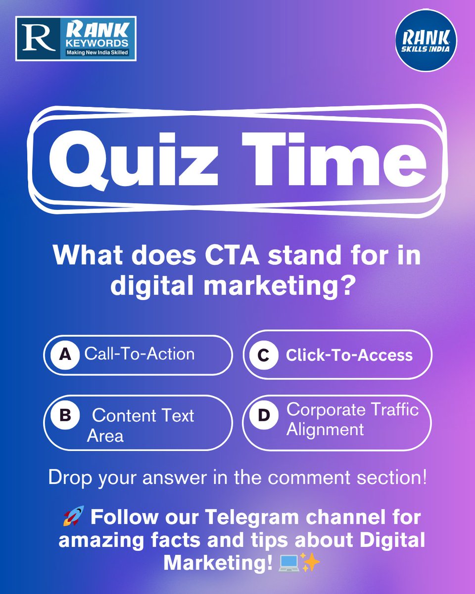 rank_group96838's tweet image. 🎯 Digital Marketing Quiz Time!
Think you know your marketing basics? Let’s find out 👇
Drop your answer in the comments and see who’s the real pro! 🏆
📢 Join our Telegram Channel!
Get daily amazing facts, tips, and updates about Digital Marketing 🚀
#RankKeywords #QuizTime