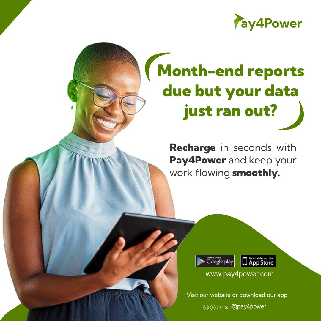 Pay4PowerLTD's tweet image. Trying to beat deadlines can be nerve-wrecking enough— don’t add “no data” to the list. 
Top up your data instantly with Pay4Power and finish the job confidently like a pro 💼. 
 Head to pay4power.com to recharge now. 
#Pay4PowerConnected #InstantData