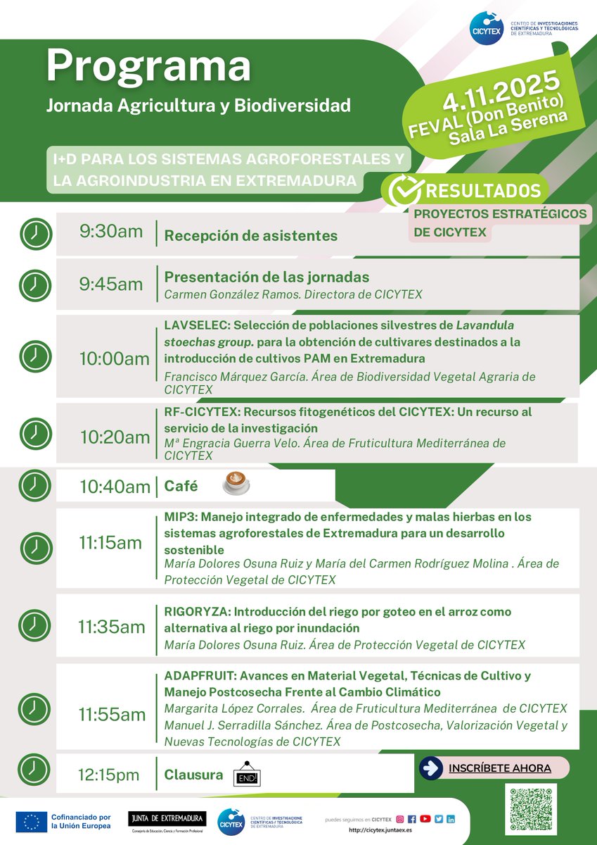📢 Os informamos de la próxima celebración de la jornada “Agricultura y Biodiversidad:  I+D para los Sistemas Agroforestales y la Agroindustria en Extremadura”, organizada por <a href="/CICYTEX/">CICYTEX</a>.

🔗 Inscripciones abiertas 👇🏻docs.google.com/forms/d/e/1FAI…
