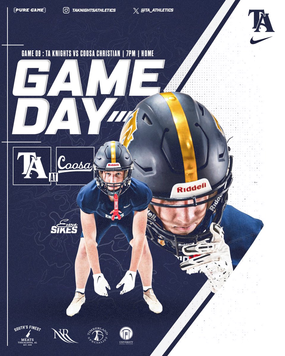 TA_Athletics's tweet photo. 🏈 𝙂𝘼𝙈𝙀𝘿𝘼𝙔 ⚔️
Last Regular Season Home Game!
TA vs Coosa at 7:00
#TuscaloosaAcademy #RTGK https://t.co/CIpiKPeGS3