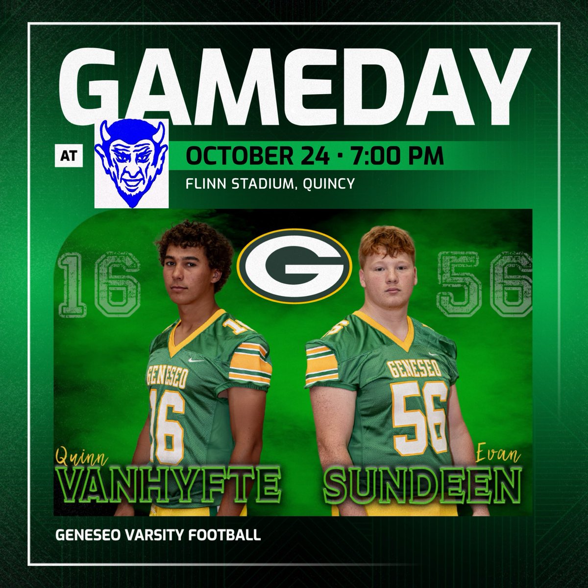 Geneseo High School Football (@greenmachinefb) on Twitter photo Game Day!!!!!!  Week 9 is going to be a great game between these two Western Big 6 Teams.  Freshman Kickoff at 4:30 pm. <a href="/Ryerson_Tom/">Tom Ryerson</a> <a href="/bhofer24/">Brian Hofer</a> <a href="/MatthewJFurlong/">Matt Furlong</a> <a href="/athleticsGHS/">Geneseo Athletics</a> <a href="/geneseofootball/">Geneseo Football</a> <a href="/geneseodist228/">Geneseo Schools</a> Game Day!!!!!!  Week 9 is going to be a great game between these two Western Big 6 Teams.  Freshman Kickoff at 4:30 pm. <a href="/Ryerson_Tom/">Tom Ryerson</a> <a href="/bhofer24/">Brian Hofer</a> <a href="/MatthewJFurlong/">Matt Furlong</a> <a href="/athleticsGHS/">Geneseo Athletics</a> <a href="/geneseofootball/">Geneseo Football</a> <a href="/geneseodist228/">Geneseo Schools</a>