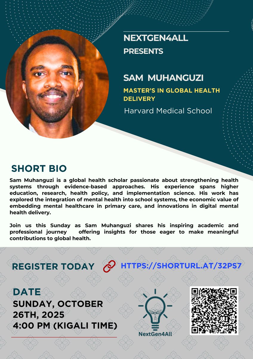 NextGen4All presents Sam Muhanguzi

🎓 Master’s in Global Health Delivery
🏛️ Harvard Medical School

NextGen4All is excited to host Sam Muhanguzi, one of our incredible panelists joining us this Sunday, October 26th, 2025, at 4:00 PM (Kigali Time).

Sam Muhanguzi is a global