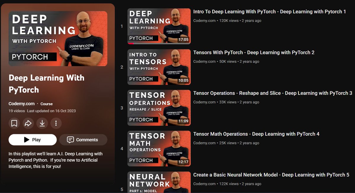 victor_explore's tweet image. If you haven’t tried learning Deep Learning with PyTorch yet, this YouTube playlist by Codemy. com makes it stupid simple. 
> build basic neural networks 
> train + evaluate models 
> dive into CNNs & MNIST 
> save + load models like a pro all explained across 19 short videos…