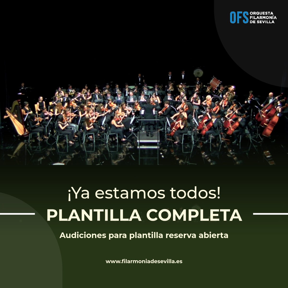 ¡La plantilla de nuestra orquesta está completa!
Nos alegra anunciar que todas las plazas de la OFS han sido cubiertas. A partir de ahora, continuaremos con pruebas destinadas exclusivamente a configurar la plantilla de reserva.

#OFS #quesuenefilarmonia