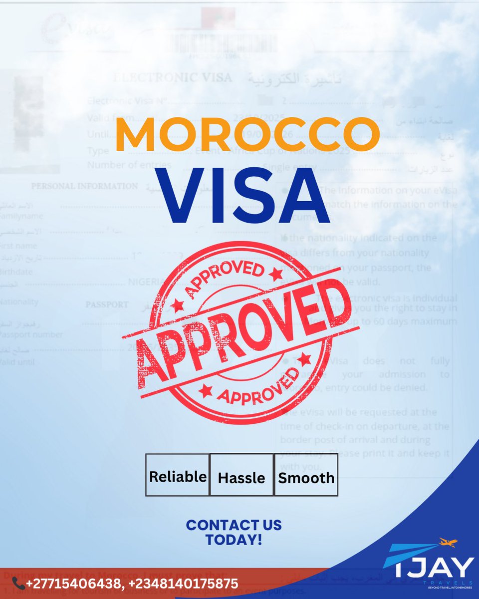 TjayTravels's tweet image. It&apos;s official!🎉 
Your Morocco visa is approved! You&apos;re one step closer to witnessing the thrill of live football in Morocco!

Ready to start your next adventure? Contact us at +2348140175875, +27715406438 now to get started! 📲 #traveltipsandtricks #wanderlust #adventureawait