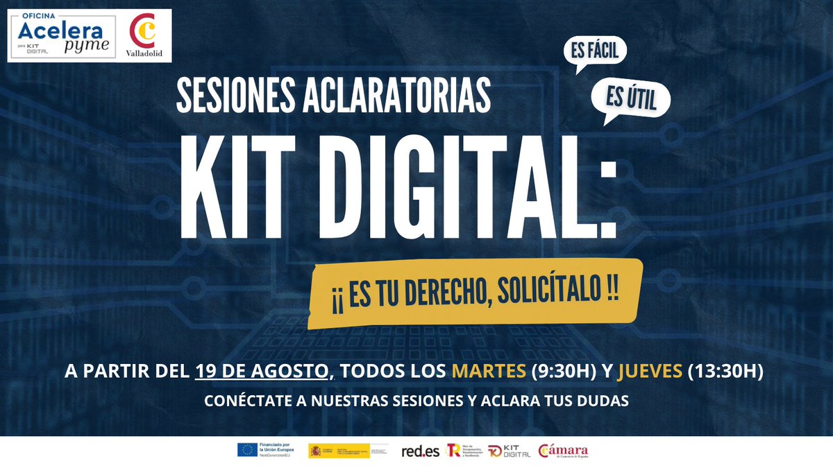 cam_valladolid's tweet image. 💻¿Conoces el #KitDigital?

Únete a nuestras sesiones aclaratorias y aprende cómo solicitarlo y aprovechar sus beneficios.

📅Todos los martes (9:30h) y jueves (13:30h)

us06web.zoom.us/webinar/regist…

@redpuntoes @Acelerapyme @camarascomercio  

#NextGenerationEU #PlanDeRecuperación