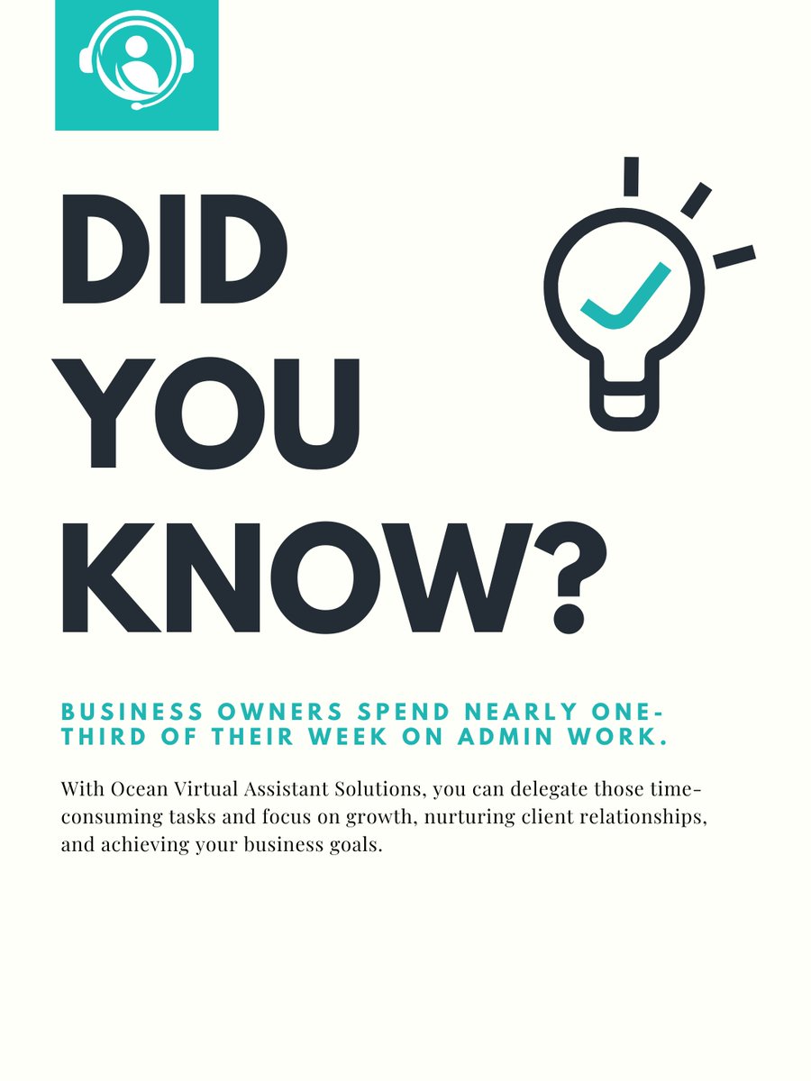 oceanvastaffing's tweet image. Did you know business owners spend nearly 1/3 of their week on admin tasks? Reclaim that time with Ocean Virtual Assistant Solutions—delegate, grow, and focus on what truly drives success. 📈 #DidYouKnow #OceanVirtualAssistant #BusinessKnowledge