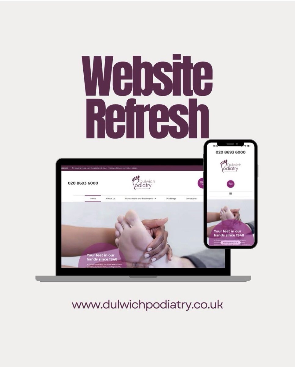 DulwichPodiatry's tweet image. We’re delighted to share our newly refreshed website!

Visit dulwichpodiatry.co.uk to explore our full range of services, meet our expert team and discover how we can support your foot health.

#dulwichpodiatry #websiterefresh #foothealth #podiatrist #dulwich
