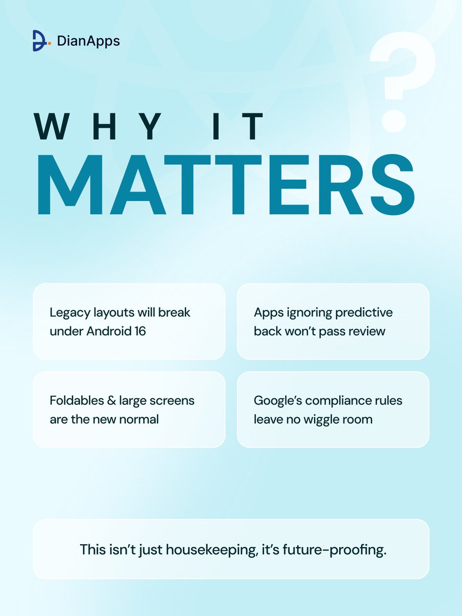 DianApps_Tech's tweet image. React Native 0.81 + Android 16 = a game-changer.

Edge-to-edge layouts ✅
Predictive back gestures ✅
Foldable-ready apps ✅

Ignore it, and your app could break.

Update now, stay future-ready.

Read Full guide here: dianapps.com/blog/react-nat…

#ReactNative81 #android16