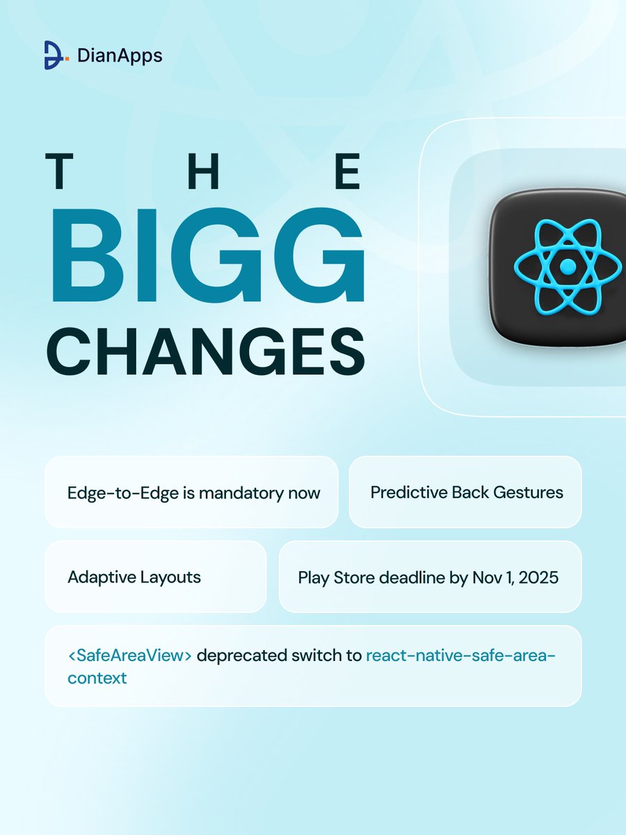 DianApps_Tech's tweet image. React Native 0.81 + Android 16 = a game-changer.

Edge-to-edge layouts ✅
Predictive back gestures ✅
Foldable-ready apps ✅

Ignore it, and your app could break.

Update now, stay future-ready.

Read Full guide here: dianapps.com/blog/react-nat…

#ReactNative81 #android16