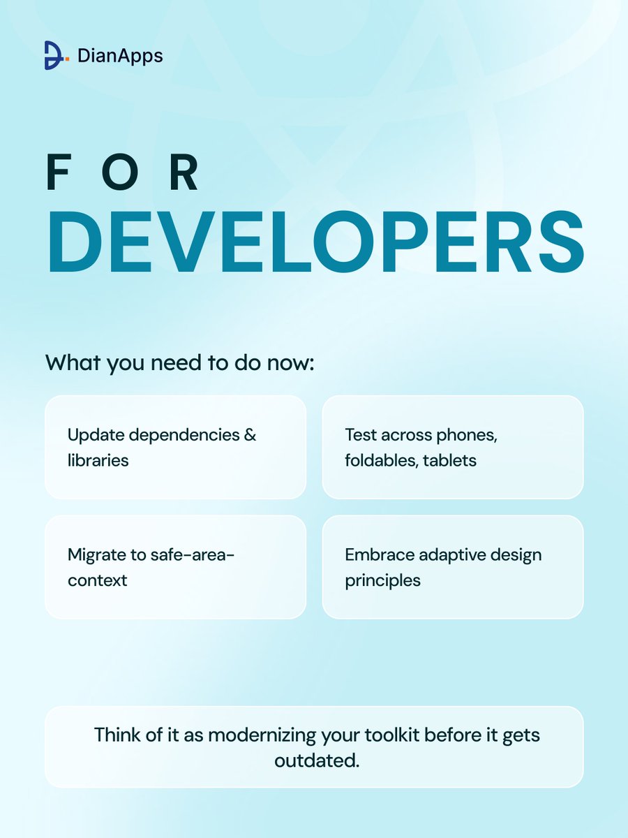 DianApps_Tech's tweet image. React Native 0.81 + Android 16 = a game-changer.

Edge-to-edge layouts ✅
Predictive back gestures ✅
Foldable-ready apps ✅

Ignore it, and your app could break.

Update now, stay future-ready.

Read Full guide here: dianapps.com/blog/react-nat…

#ReactNative81 #android16