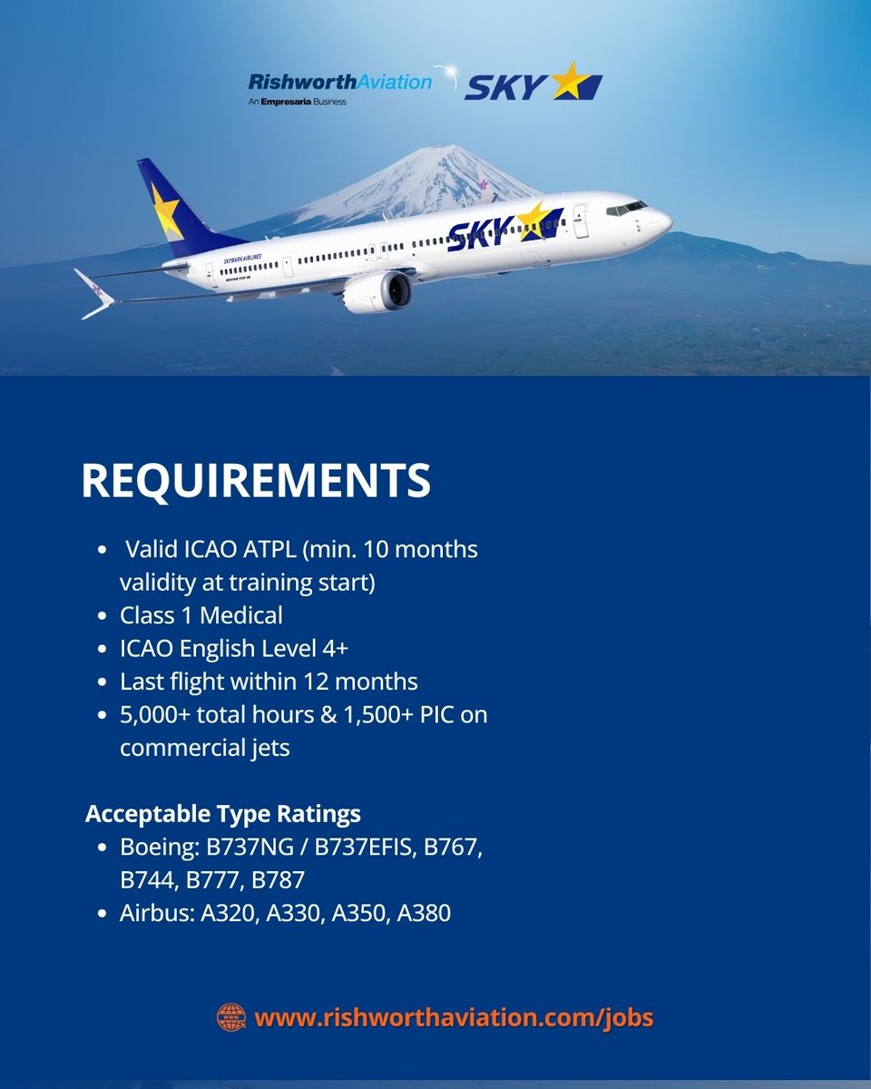 RishworthAV's tweet photo. Looking for your next flying opportunity? Skymark is hiring B737NG Capatain!

Apply today 👉 https://t.co/RdMtgnqNqr 

#PilotJobs #AviationCareers #SkymarkAirlines #PilotRecruitment #FlyJapan #B737NG #AviationLife #Japan https://t.co/y3SMiXOkg2
