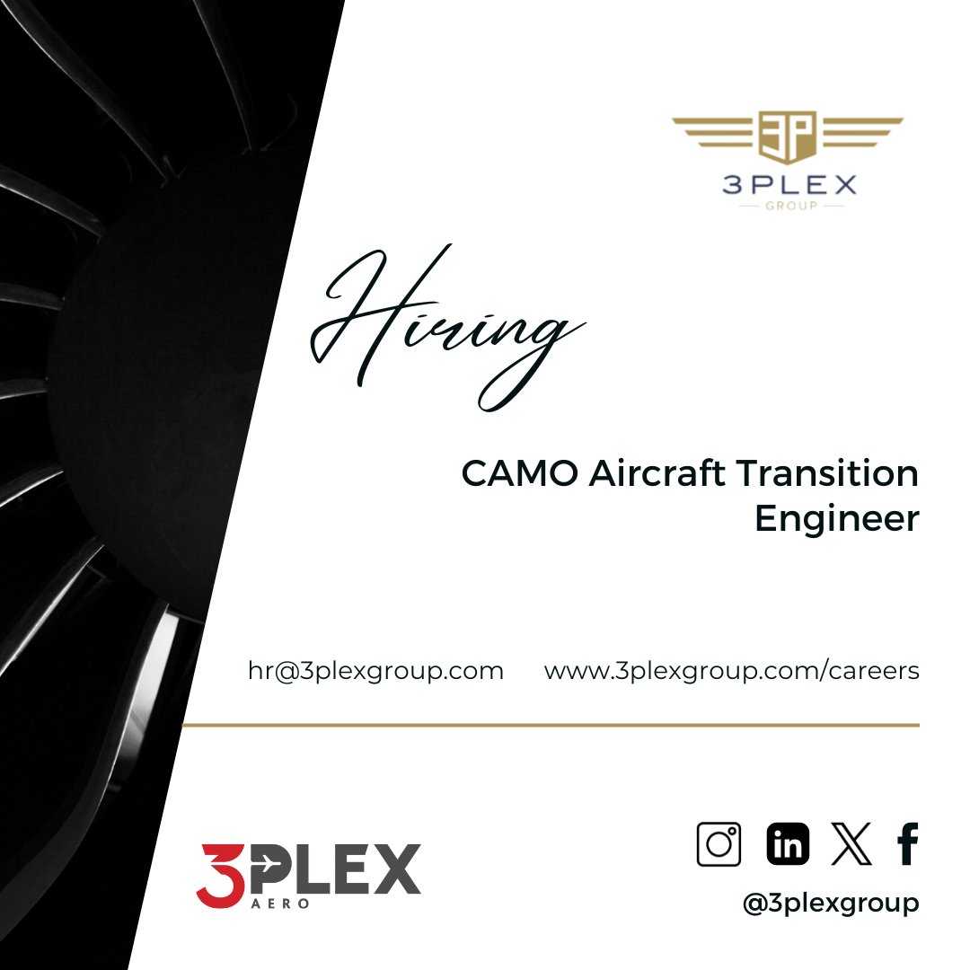 3plexGroup's tweet photo. As part of our continued growth, 3PLEX GROUP is seeking a CAMO Aircraft Transition Engineer to support the expanding activities of 3PLEX AERO.
 https://t.co/xfytNu9UE0

#3plexgroup #3plexaero #aviation #aviationcareers #aviationjobs #CAMO https://t.co/vHZ71b8Q2P
