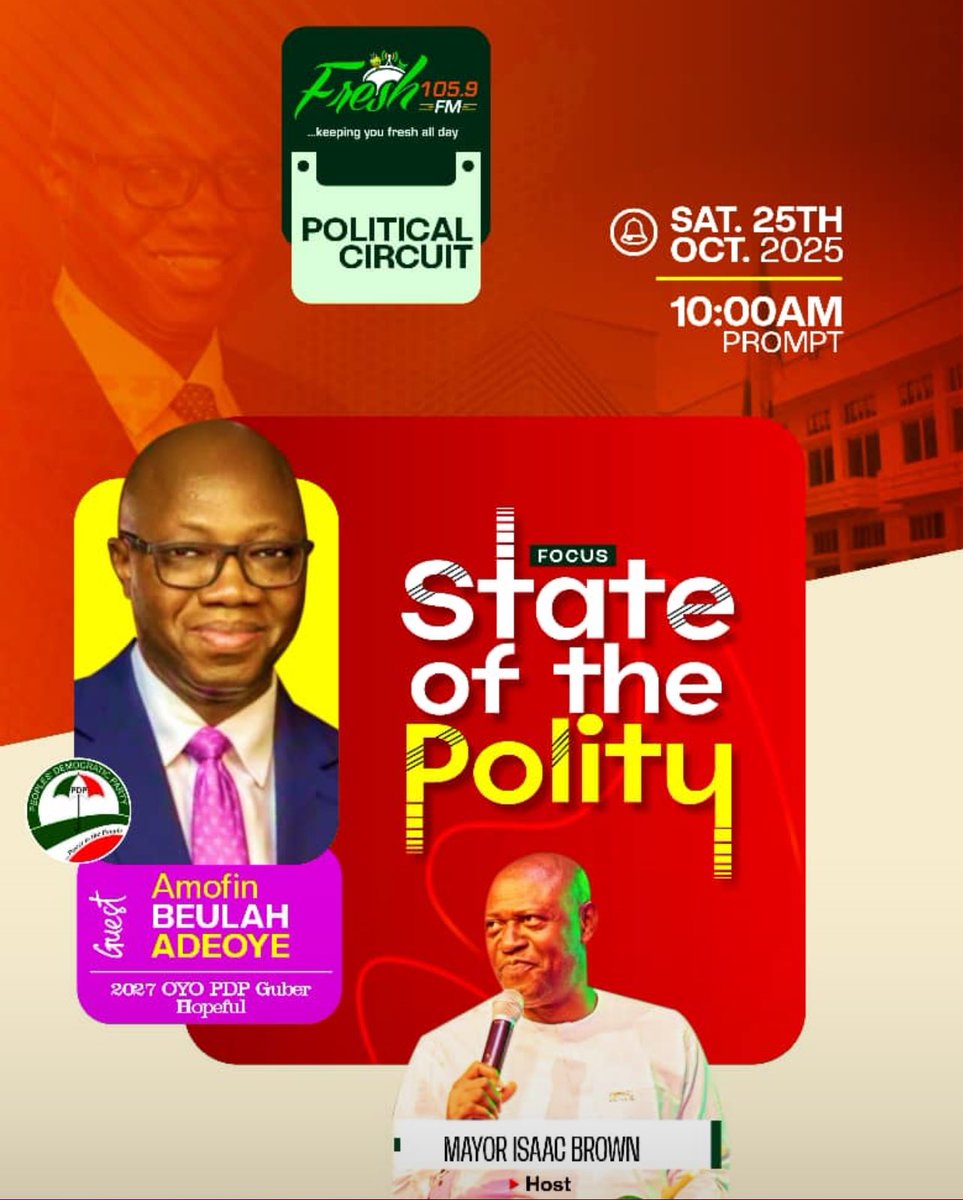 Tomorrow, 25th of October, 2025, the renowned legal expert and consultant, Amofin Beulah Adeoye, will be appearing live on Fresh FM Ibadan for an engaging discussion on the current state of the nation’s political affairs, with focus on Oyo state.

He will be joined by the