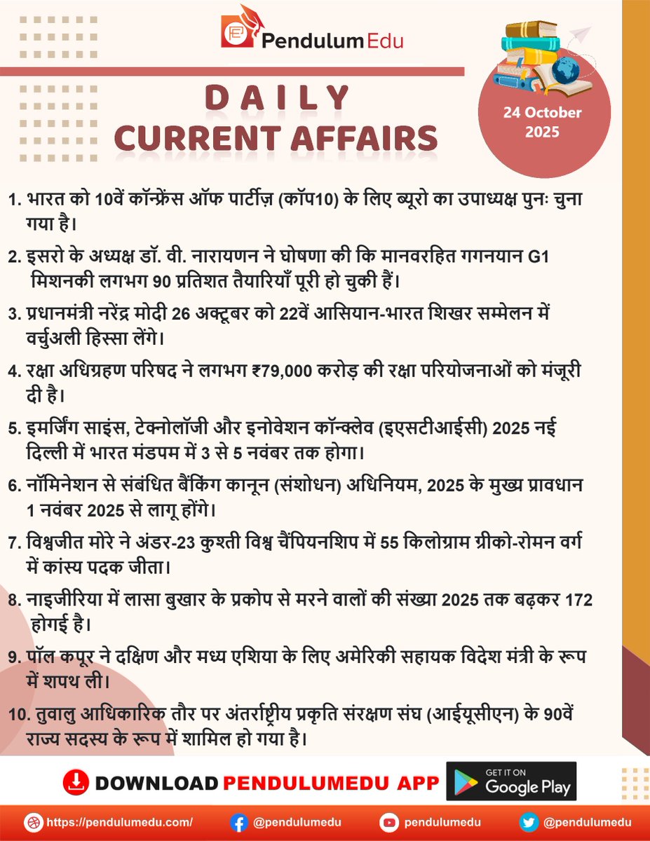 pendulumedu's tweet photo. Read Daily Hindi Current Affairs of 24 October 2025 - https://t.co/LPE5zGix8l
#24october2025hindicurrentaffairs #COP10 #ISRO #ASEANIndiaSummit #ESTIC #BharatMandapam #bankinglawsamendmentact2025 #Vishvajitmore #LassaFever #Paulkapur #Tuvalu #IUCN #UPSC #TSPSC #APPSC #KPSC #RPSC https://t.co/sLiG6NfTyd
