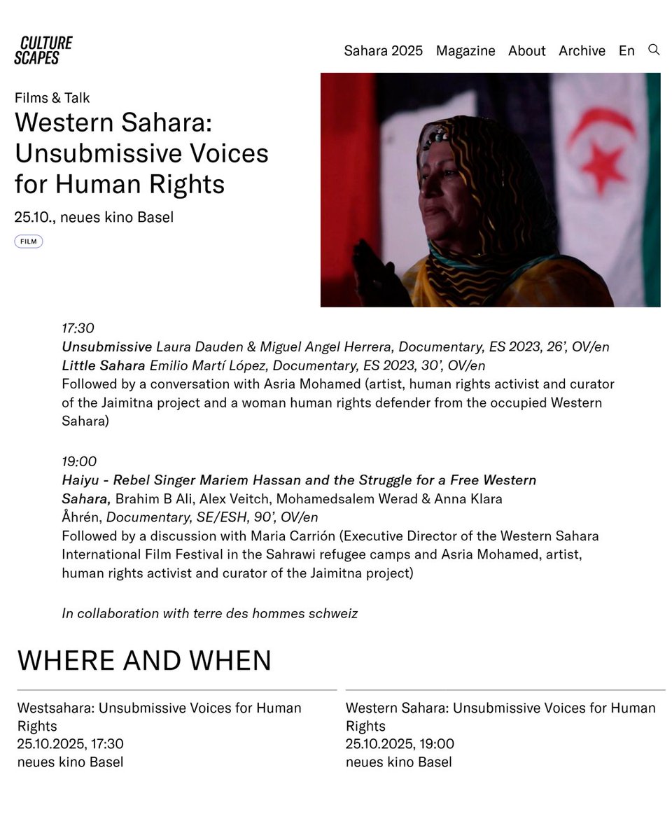 Tomorrow you have an appointment at #CultureScapes! We’re looking forward to seeing you and talking a lot about #WesternSahara, with a fantastic selection of films!
#FreeWesternSahara
culturescapes.ch/en/theme/sahar…