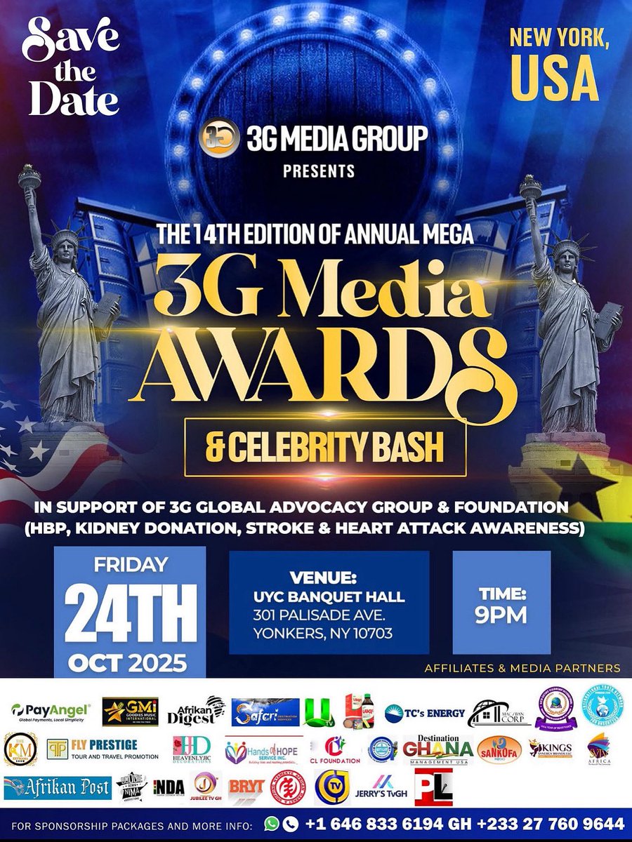 3G Media Awards &amp; Celebrity Bash it’s today Friday, October 24, 2025! 

📍 Venue: UYC Banquet Hall, 301 Palisade Avenue, Yonkers, NY 10703
🕘 Time: 9PM sharp
📞 Contact: <a href="/mr/">mr</a>.cnn_ +1 (646) 833-6194

Let’s light up New York! 🔥
#NewYork #3GAwards #3GMediaAwards  #yonkers
