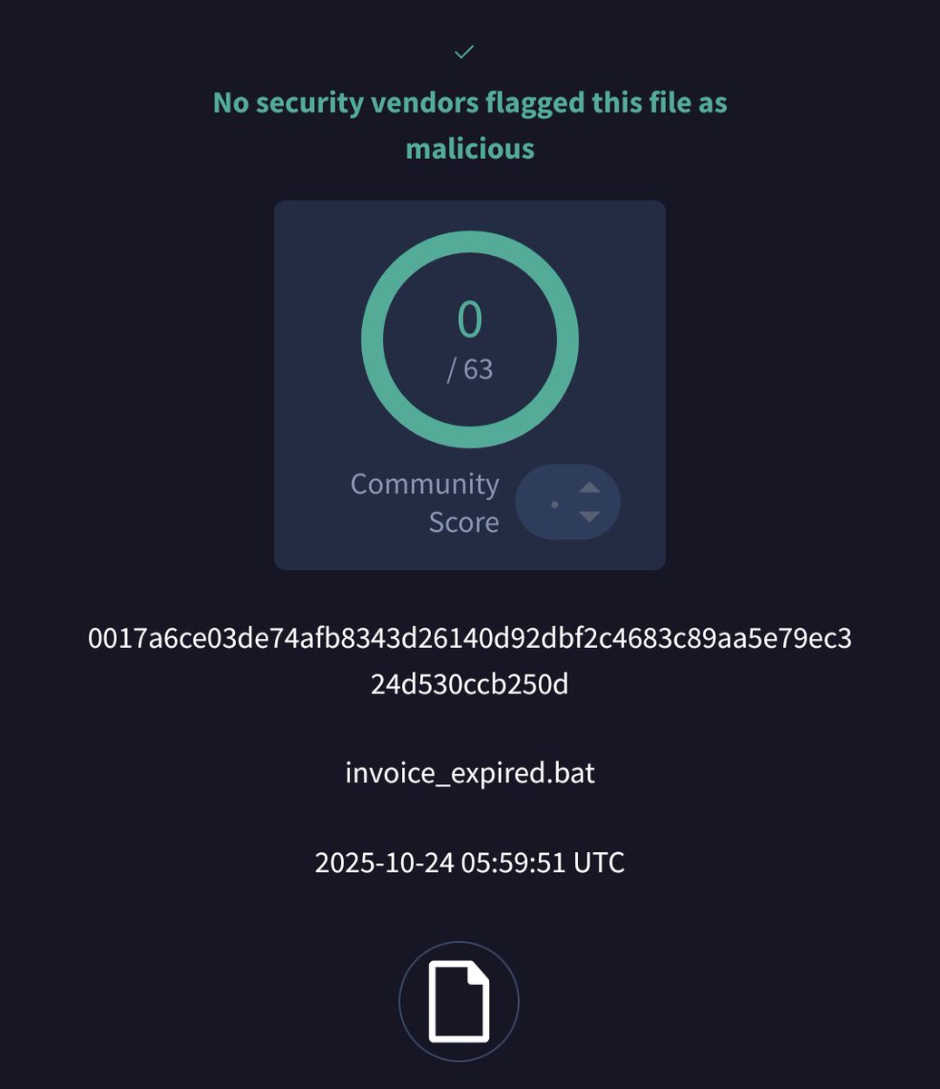 smica83's tweet image. FUD 'invoice_expired.bat' from Germany @abuse_ch 
bazaar.abuse.ch/sample/0017a6c… 
@skocherhan