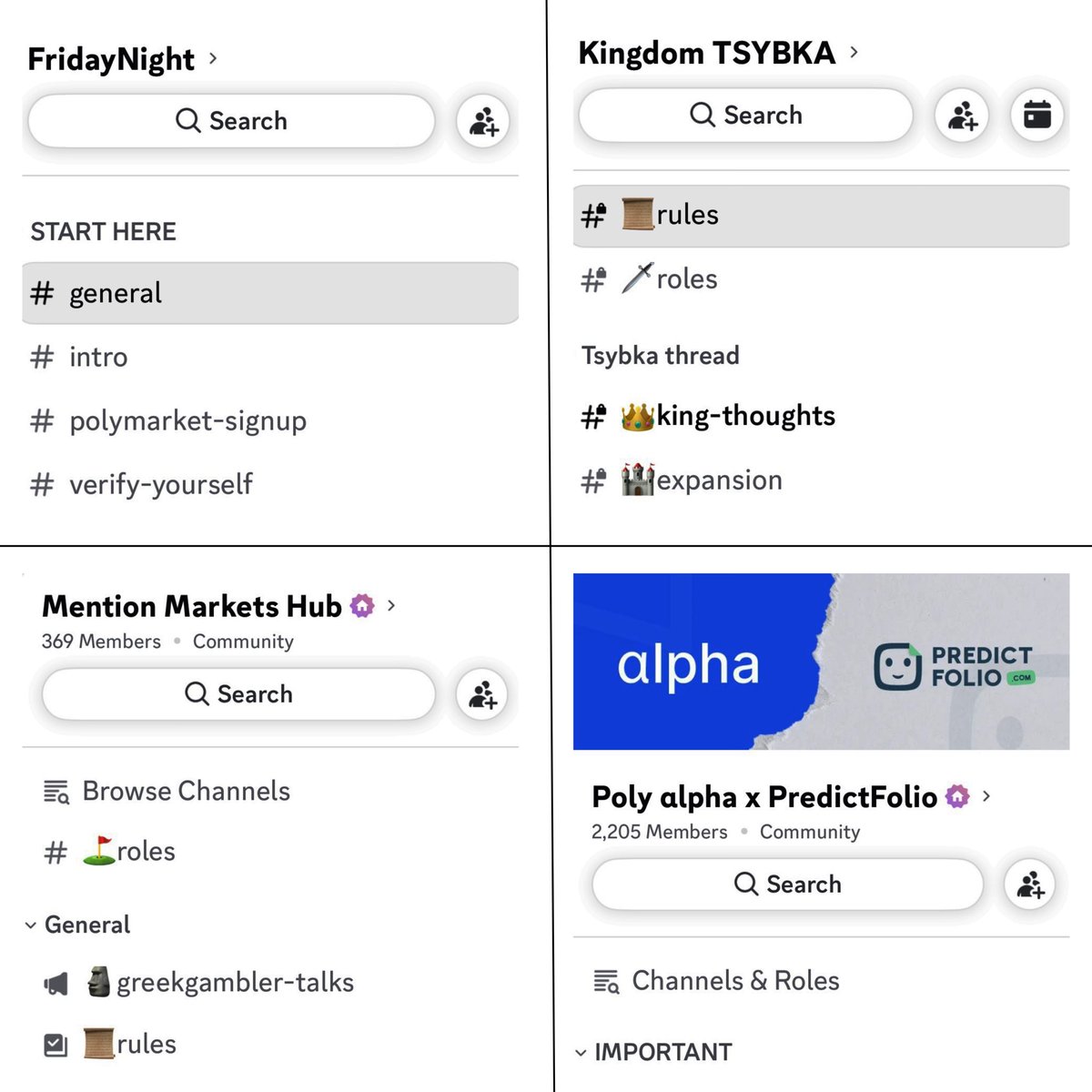 Dora Lsk (@iosuaroselyne) on Twitter photo Everyone’s just scrolling through X, reading posts that are public to all
But we all know the real alpha lives in private chats
So I’ve gathered a list of Discord servers from some of the best traders in prediction markets:
<a href="/CarOnPolymarket/">Car</a> - $655k PNL
Discord: Everyone’s just scrolling through X, reading posts that are public to all
But we all know the real alpha lives in private chats
So I’ve gathered a list of Discord servers from some of the best traders in prediction markets:
<a href="/CarOnPolymarket/">Car</a> - $655k PNL
Discord: