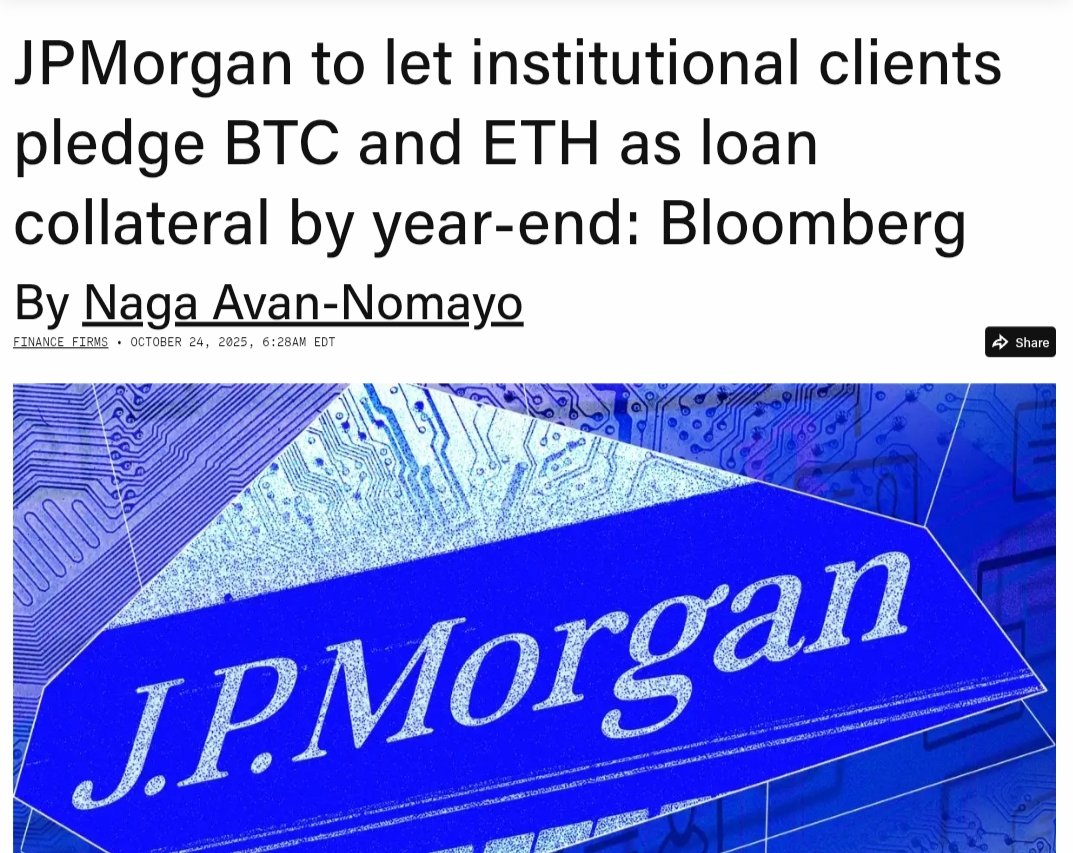 FIRST THEY CALLED CRYPTO A SCAM… NOW THEY WANT TO USE IT AS COLLATERAL? 😂  JPMorgan will soon let institutional clients use $BTC and $ETH as loan  collateral, expanding beyond CRYPTO ETFs.