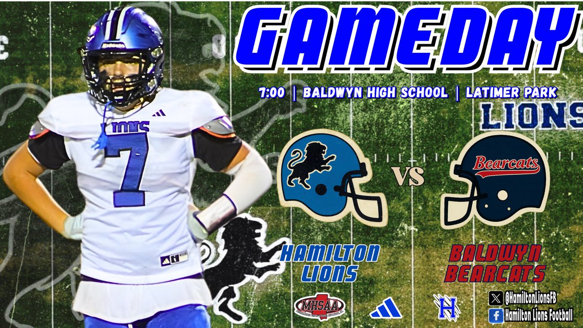 🏈 GAMEDAY
🆚 Baldwyn Bearcats
‼️ Region 1-2A
🕖 7:00
📍 Baldwyn High School
🏟️ Latimer Park
☁️ Cloudy | 63°
🎽 🔵⚪️🔵
🎧 hamilton-lions-athletics.mixlr.com
