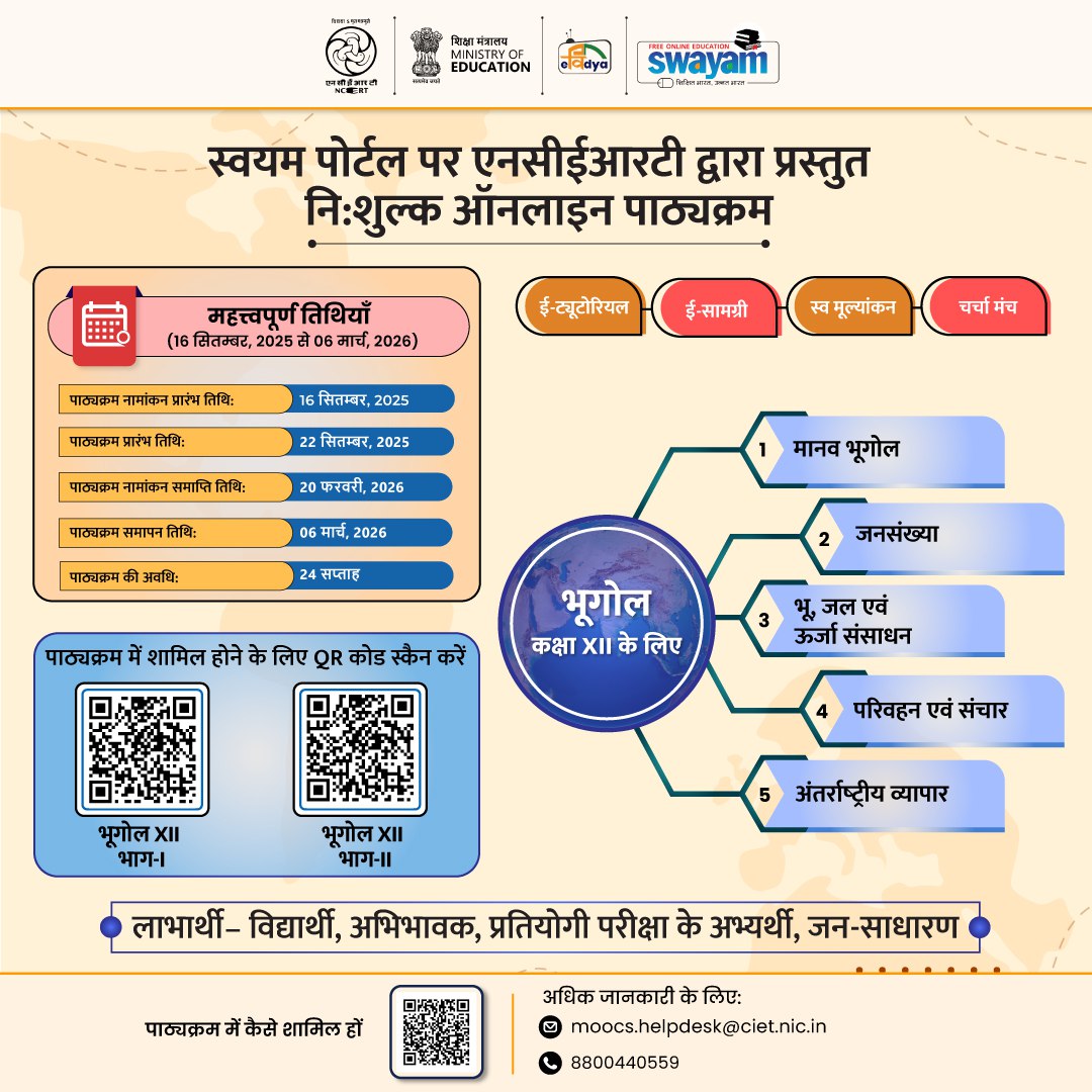 ncert's tweet image. घर बैठे वैश्विक यात्रा के रोमांच का आनंद लें और मानव भूगोल के विभिन्न आयामों और मानव के आर्थिक, सामाजिक, सांस्कृतिक और राजनैतिक भौगोलिक परिदृश्यों के रहस्यों को उजागर करने के लिए स्वयम (SWAYAM) पोर्टल पर एनसीईआरटी (NCERT) द्वारा प्रस्तुत भूगोल के मुफ़्त ऑनलाइन पाठ्यक्रम में शामिल…