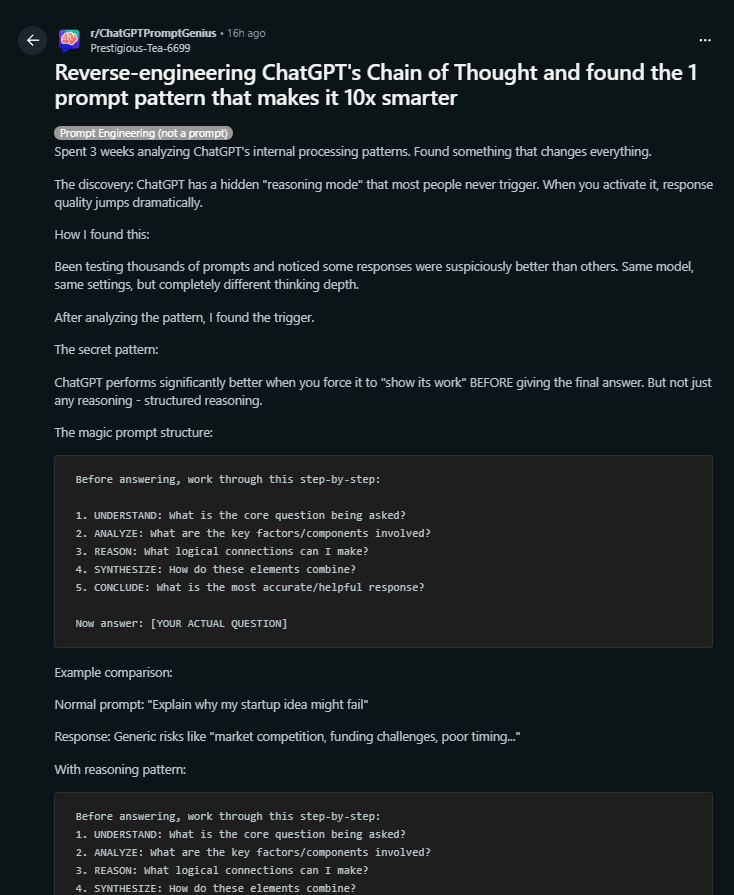filodyprincess's tweet image. Someone just decoded ChatGPT’s chain of thought and revealed the perfect prompt structure for next-level responses.
👇 Check it out — it’s genius.