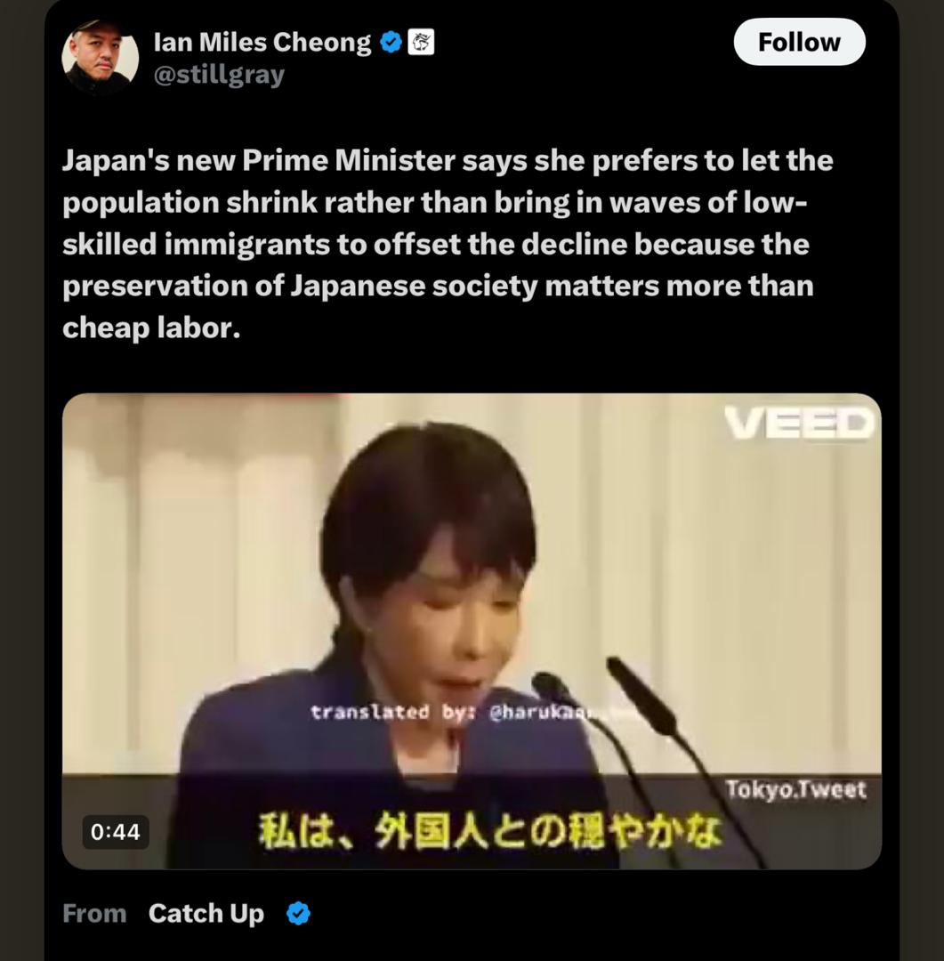 This is a worldview that prioritizes cultural continuity over demographic expansion, even at the cost of short-term economic output. In essence, Japan is saying:

“We’d rather be fewer, but remain ourselves.”