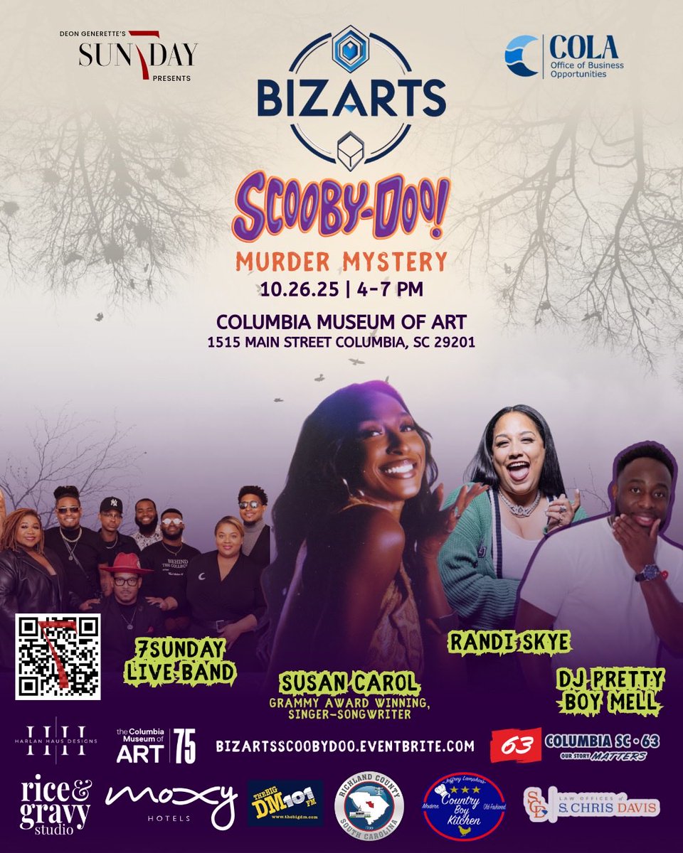 7SundayLive's tweet photo. Exciting News! Join BizArts with @CityofColumbiaSCgov at @ColaMuseum this Sunday!!!

🎵 Soulful live band @7SundayLive!

Grammy Award Winner @_susancarol joins us! ✨

Dive into the Scooby-Doo Mystery &amp; let’s solve it! 🕵️‍♂️🔍

🌟 20% off @MoxyColumbiaDowntown!

#CityOfColumbia https://t.co/w9Vt9y648u