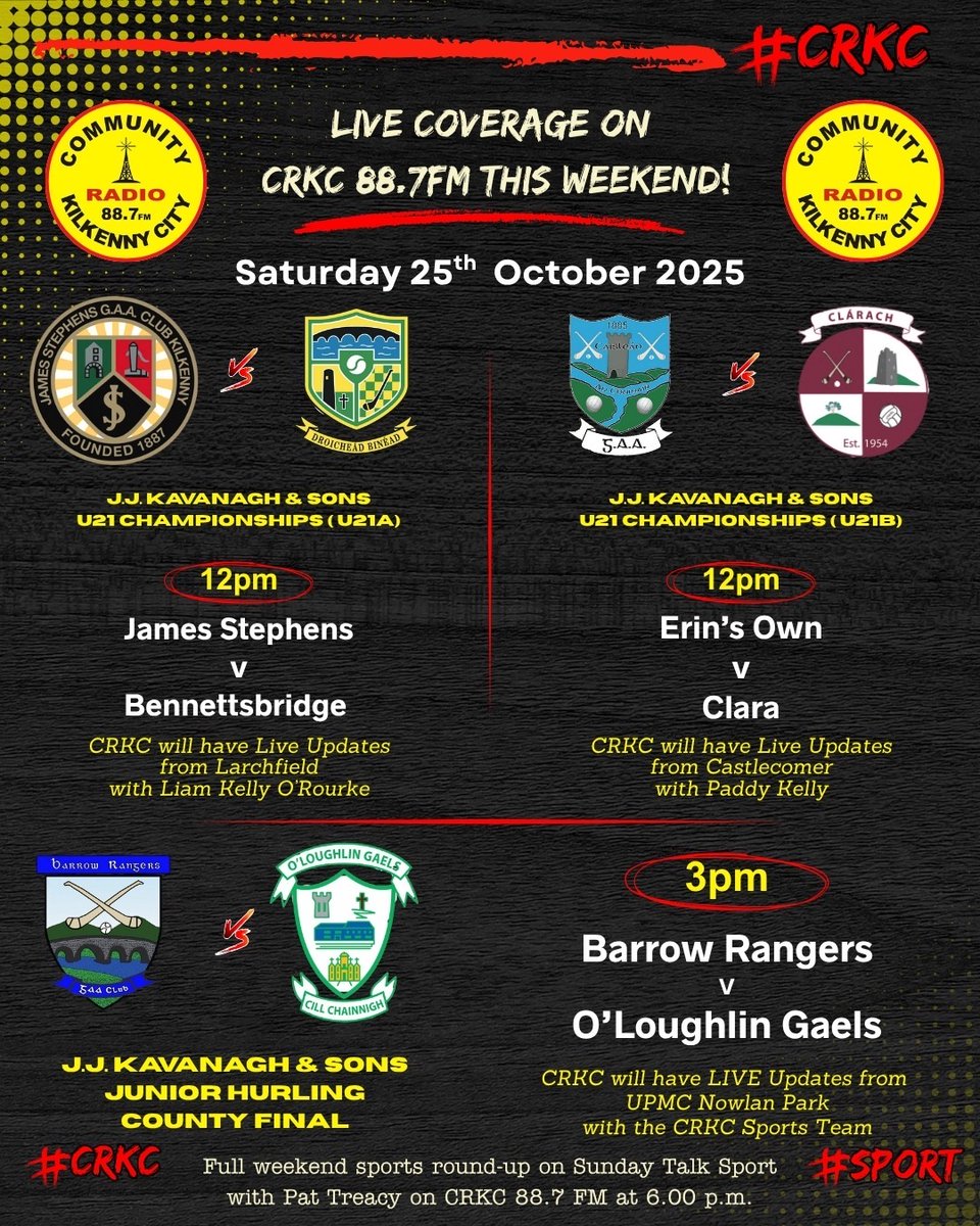 CRKC 88.7FM (@crkc1) on Twitter photo Junior & U21 Hurling updates from the CRKC Sports Team on this Sat. 25.10 on 88.7 FM, crkc.ie or the Radio Garden App <a href="/CRKC1/">CRKC 88.7FM</a> <a href="/crkcsport/">CRKC Sport 📻</a> <a href="/treacy_pat/">KCR Sport</a> <a href="/nickeybrennan/">Nickey Brennan</a> <a href="/liam_kor/">Liam Kelly O’Rourke</a> <a href="/CiaranNeary/">Ciaran Neary</a> <a href="/CiarnMuldowney/">Ciarán Muldowney</a> <a href="/ButlersHurleys/">Butlers Hurleys</a> Junior & U21 Hurling updates from the CRKC Sports Team on this Sat. 25.10 on 88.7 FM, crkc.ie or the Radio Garden App <a href="/CRKC1/">CRKC 88.7FM</a> <a href="/crkcsport/">CRKC Sport 📻</a> <a href="/treacy_pat/">KCR Sport</a> <a href="/nickeybrennan/">Nickey Brennan</a> <a href="/liam_kor/">Liam Kelly O’Rourke</a> <a href="/CiaranNeary/">Ciaran Neary</a> <a href="/CiarnMuldowney/">Ciarán Muldowney</a> <a href="/ButlersHurleys/">Butlers Hurleys</a>