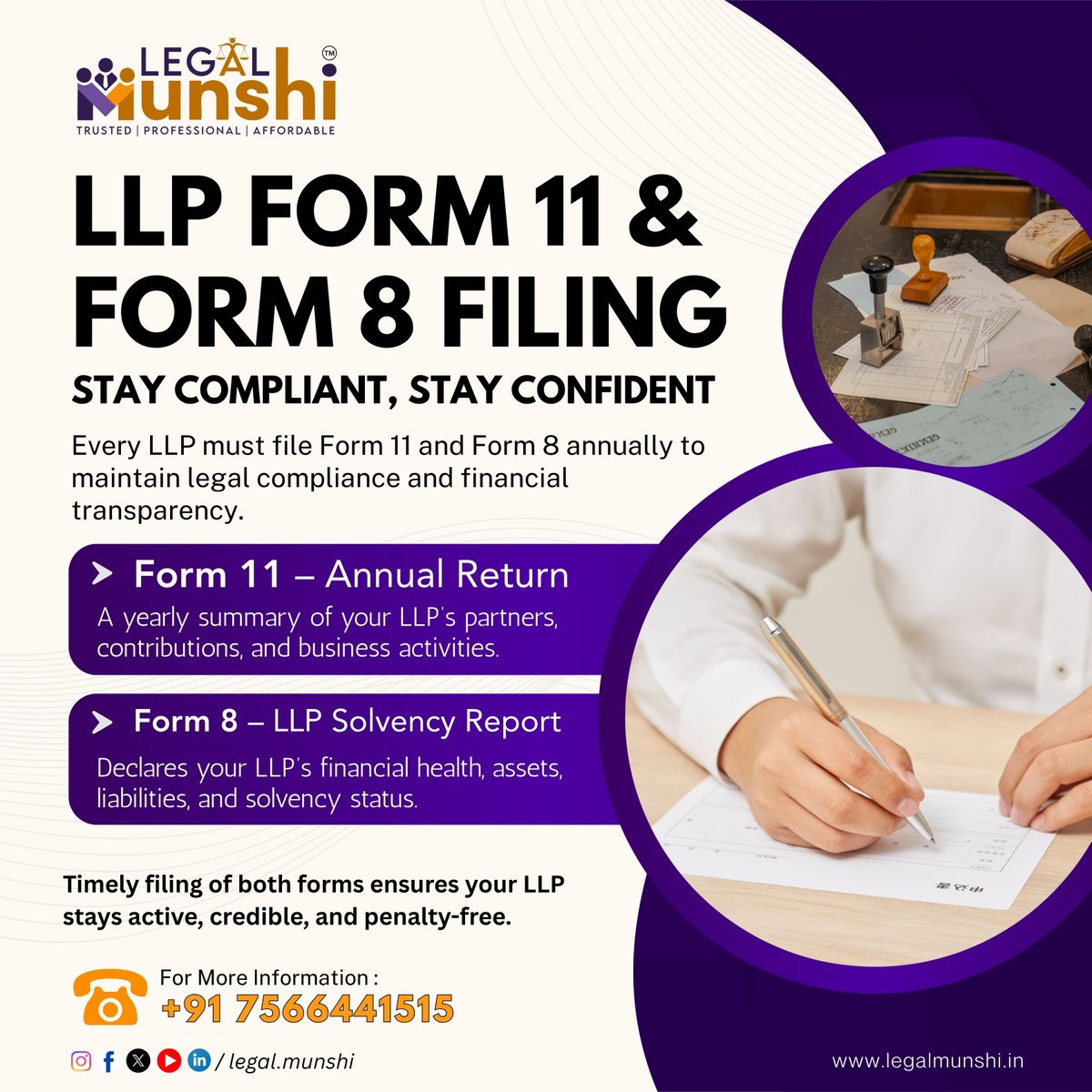 Legal_Munshi's tweet image. 💼 Stay Compliant, Stay Confident!
Ensure your LLP remains active and penalty-free by filing Form 11 &amp;amp; Form 8 on time.
Let Legal Munshi handle your compliance — simple, accurate, and stress-free! ✅
#LLPFiling #Form11 #Form8 #ComplianceMadeEasy #LegalMunshi #BusinessSupport