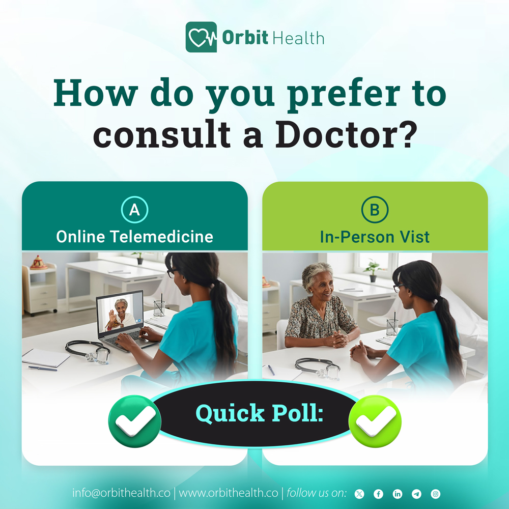 Orbithealth_co's tweet photo. Healthcare poll! 

🩺 Do you prefer online (telemedicine) 💻 or in-person 🏥 doctor consultations?

What are your thoughts on telemedicine's role in modern healthcare? Reply below! 👇

#Telemedicine #DigitalHealth #Healthcare #HealthPoll https://t.co/YjaSdYwtrD