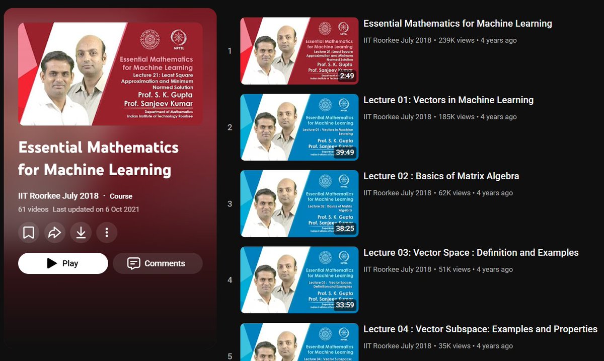 victor_explore's tweet image. Ever wondered what the math behind machine learning actually looks like?  
IIT Roorkee dropped a full 61-lecture YouTube course — free and surprisingly digestible.  
> vectors, matrices, and linear transformations  
> PCA, SVD, and optimization  
> probability, calculus, and…