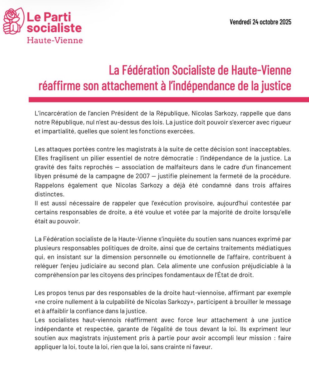 L’indépendance de la justice est un pilier de notre République !

Nul n’est au-dessus des lois.

👉 Quand des responsables de droite — y compris ici en Haute-Vienne — relaient le doute sur la culpabilité de <a href="/NicolasSarkozy/">Nicolas Sarkozy</a>, ils fragilisent l’État de droit.