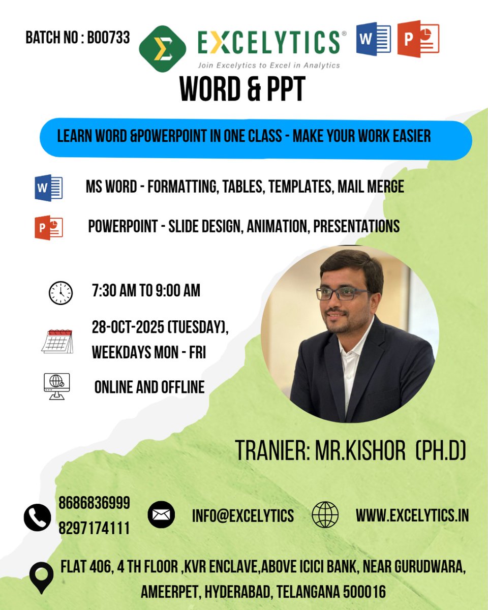 excelytics_info's tweet image. Hi,

Hope you are doing well, wanted to keep you posted that we have   Word &amp;amp; PPT Session on 28-Oct-2025 between 07:30AM-09:00AM by Mr. Kishor 

Use below credentials to Join Online

 Registration Link : forms.gle/yoWcGXWgEuvnbF…

 WhatsApp Link : chat.whatsapp.com/L8DKdKfnOB8IHR…