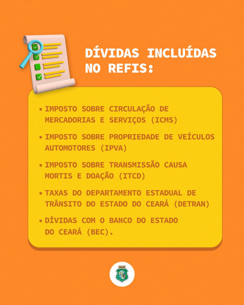 GovernoDoCeara's tweet photo. Precisa regularizar suas dívidas? Se liga nessa facilidade! 👇
O Refis 2025 chegou com vários descontos e condições especiais para você.
Confira mais informações no post e solicite adesão em https://t.co/60ouxJDdwn até 15 de dezembro. 🤝
#GovernodoCeará #Refis https://t.co/2VYwF7yIEf