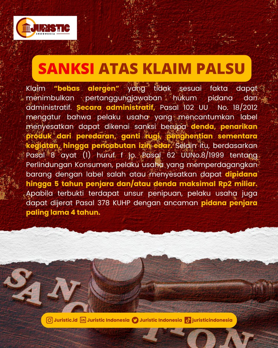Juristicid's tweet photo. Lalu bagaimana kewajiban label yang benar? Dan apa sanksi bagi pelaku usaha yang mengklaim palsu produk penjualannya 🤔 Lebih detailnya dapat kamu baca slide di bawah ini ya ⬇️
#LabelPangan #UUPerlindunganKonsumen
#SanksiProdukPalsu #HukumPidana #HakKonsumen #JuristicInsight https://t.co/s3TEGAvfsi