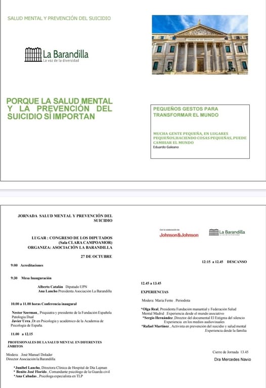 Gracias a Johnson &amp; Johnson por apoyar la jornada Salud Mental y Prevención del Suicidio en la Sala Clara Campoamor del Congreso. 🧠💚

Aforo completo gracias al gran interés.
Organiza: Asociación La Barandilla.