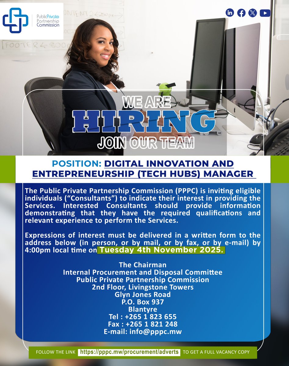 𝗪𝗲 𝗮𝗿𝗲 𝗵𝗶𝗿𝗶𝗻𝗴!
The Public Private Partnership Commission (PPPC) invites qualified individuals ("Consultants") to express their interest in the role of Digital Innovation and Entrepreneurship (TECH HUBS) Manager. 
 
Full advertisement: pppc.mw/procurement/ad…