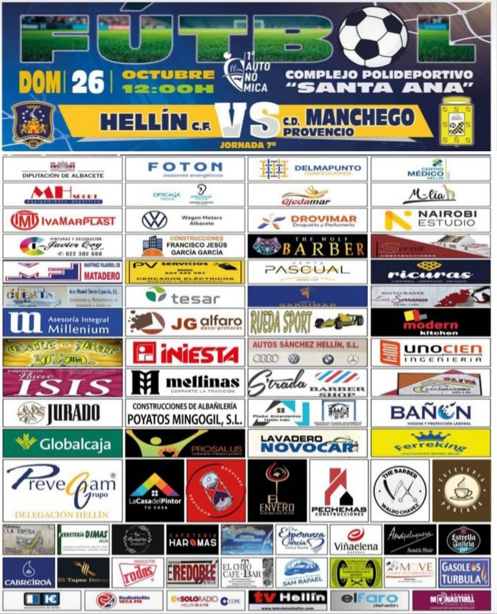 El domingo a las 12 visitamos Santa Ana ,para medirnos al líder de la liga y claro candidato al ascenso como es el Hellín.
Vamos con muchas ganas de resarcinos de estas dos últimas jornadas y de dar la campanada.
Vamos chicos!!
AÚPA MANCHEGO!!
💛🖤