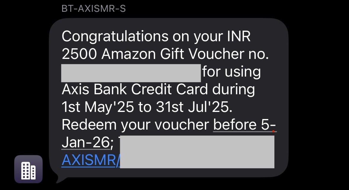 Well, thank you Axis Bank 🤓

Totally forgot there was an offer running back then 🙂‍↕️

Offer Period: 1st May to 31st July, 2025

What a sweet surprise to find in my inbox today! 🎁📩

Go check yours, you might have one too 👀
