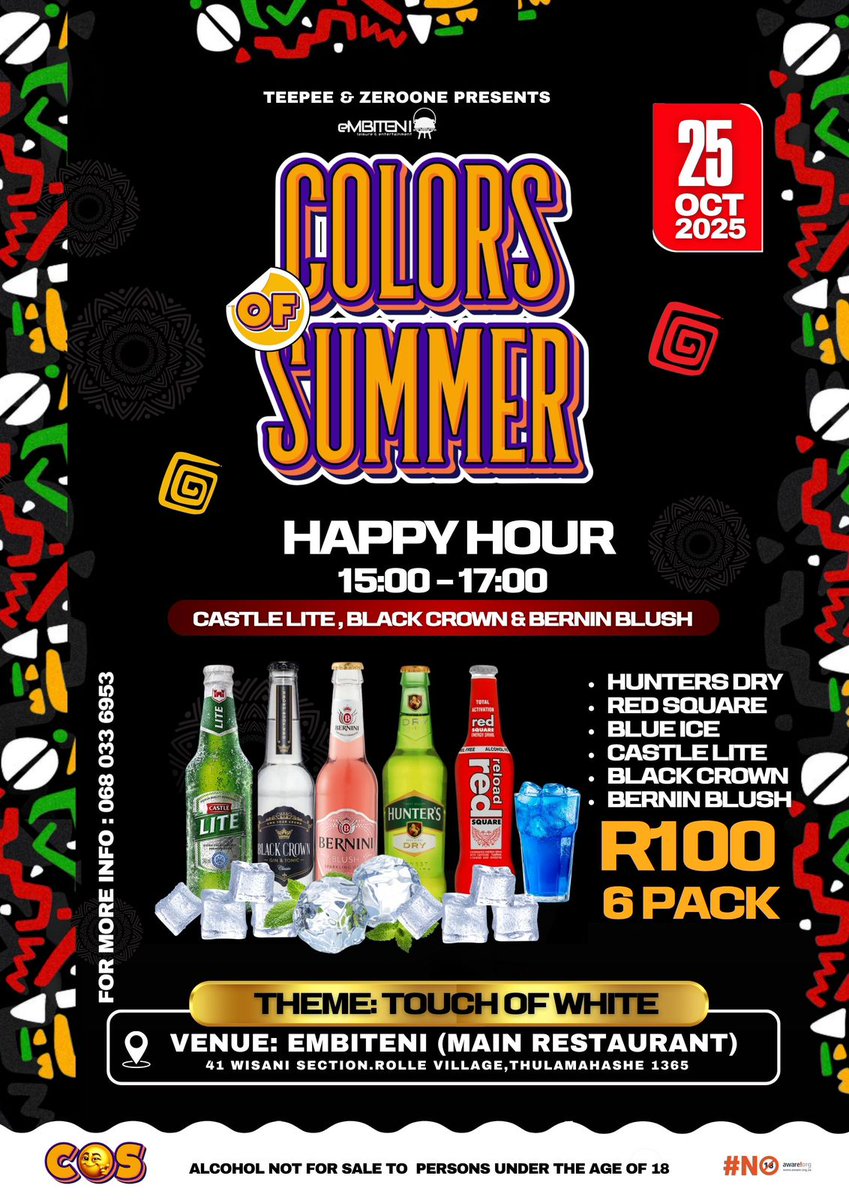 EmbiteniLeisure's tweet photo. JOIN US AT EMBITENI TOMORROW, SATURDAY, FOR THE UNFORGETTABLE 'COLORS OF SUMMER' CELEBRATION!

Lineup: Jay Pro, Thotho, Kenny de DJ, Prosper, 012, Ritual Deep, CoffymaanZA
Hosts TeePee and ZeroOne will set the mood for a party with Day & Night Vibes (so come early and party late), with live beats, good company, tasty bites and sunny sips!

CONTACT US: With any questions or to reserve a table, call 068 033 6953

Date and time: 25 October, gates open at 12:00PM sharp
Entry cost: FREE Entrance (no VIP - everyone is VIP!)
✨Theme: Touch of White! ✨
📍 Embiteni Leisure & Entertainment, Mkhuhlu Road, Thulamahashe 
Find us on Google Maps: https://t.co/vM9uiPdHbc

#ColorsOfSummer #TouchOfWhite #DayAndNightVibes