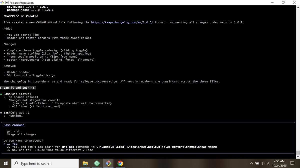 arcwordpress's tweet image. We've got about 90% automation in creating our WordPress theme builds now with Claude Code having access to a CLAUDE.MD that outlines the process it handles the version increment, tagging, pushing to GitHub where the workflow creates the build. #wordpresstutorials