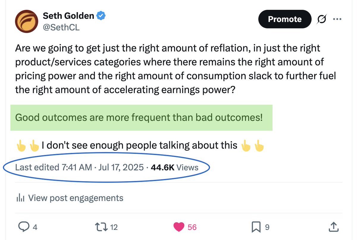 Screenshot of a tweet by Seth Golden discussing getting the right amount of reflation in product services categories with right pricing power and earnings power, stating good outcomes are more frequent than bad, and noting lack of discussion on outcomes, with engagement metrics like 4.6K views and emojis.
